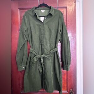 J. Crew Olive Green Long-Sleeve Button-Front Corduroy Shirt Dress